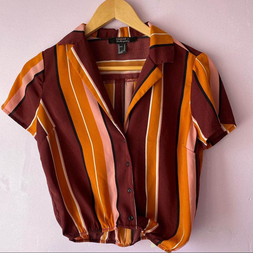 Forever 21 Retro 70s Collared Crop Top with Cinched bottom